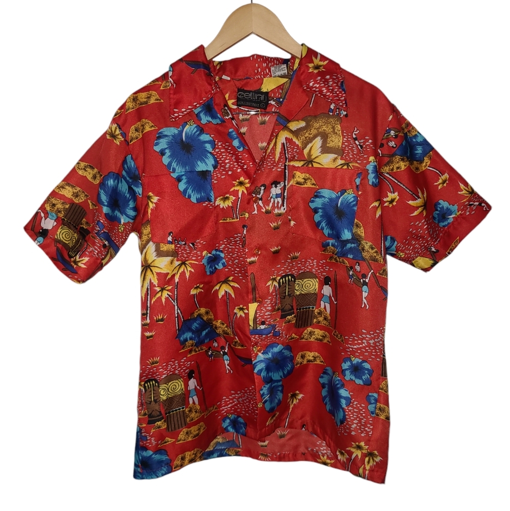 Cellini Vintage men's Hawaiian shirt size L Red Island Scenic Print